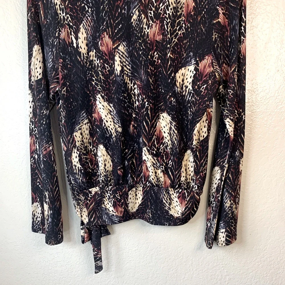 Veronica M Boho Feather Print Surplice Faux Retro Wrap Bell Sleeve Blouse Size S